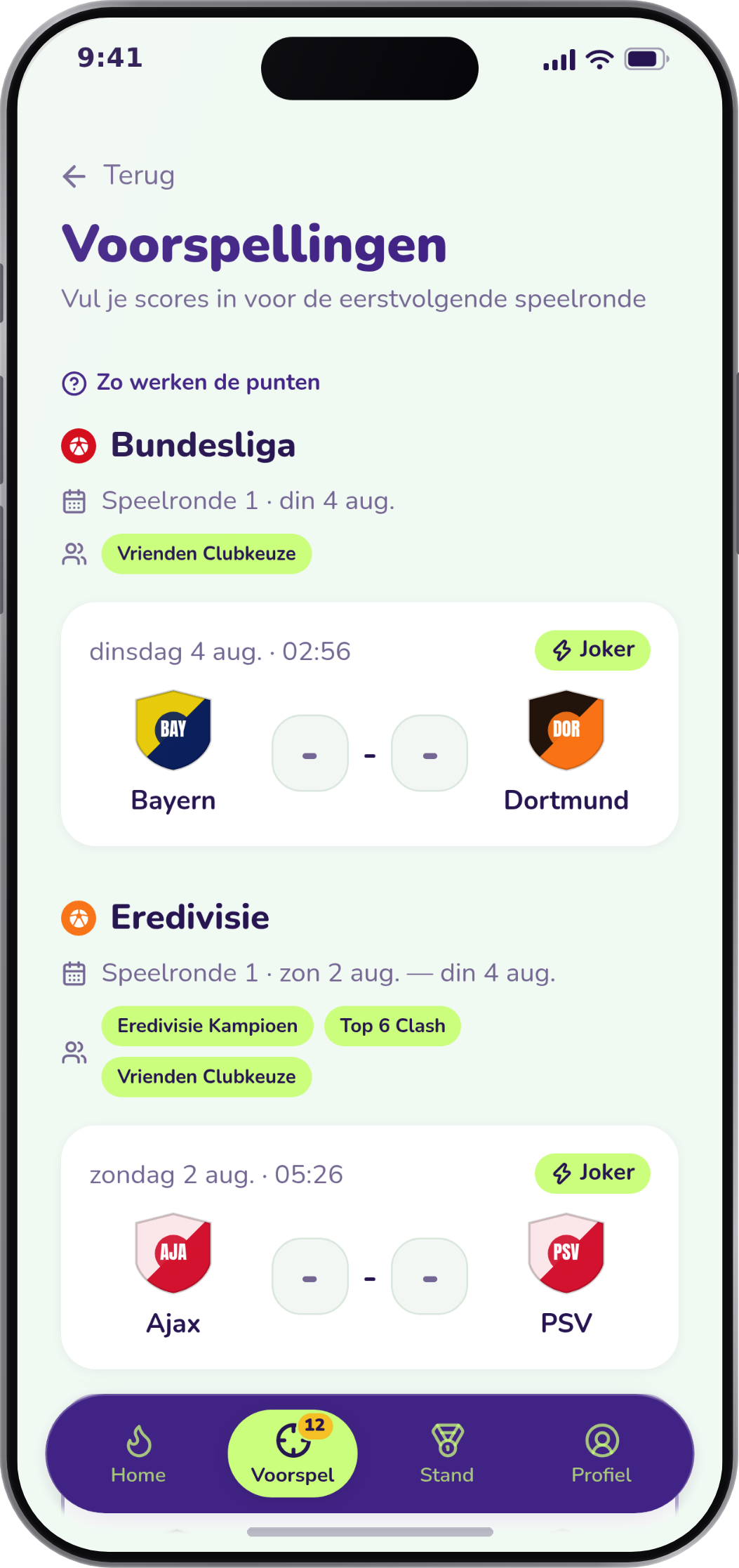 Poulr app scherm om wedstrijduitslagen te voorspellen